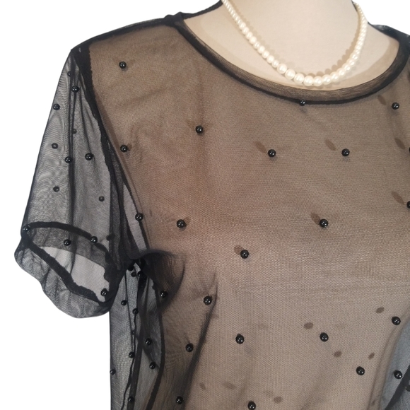 Zara Sheer Short Sleeves Top, black pearls. L - Picture 2 of 9